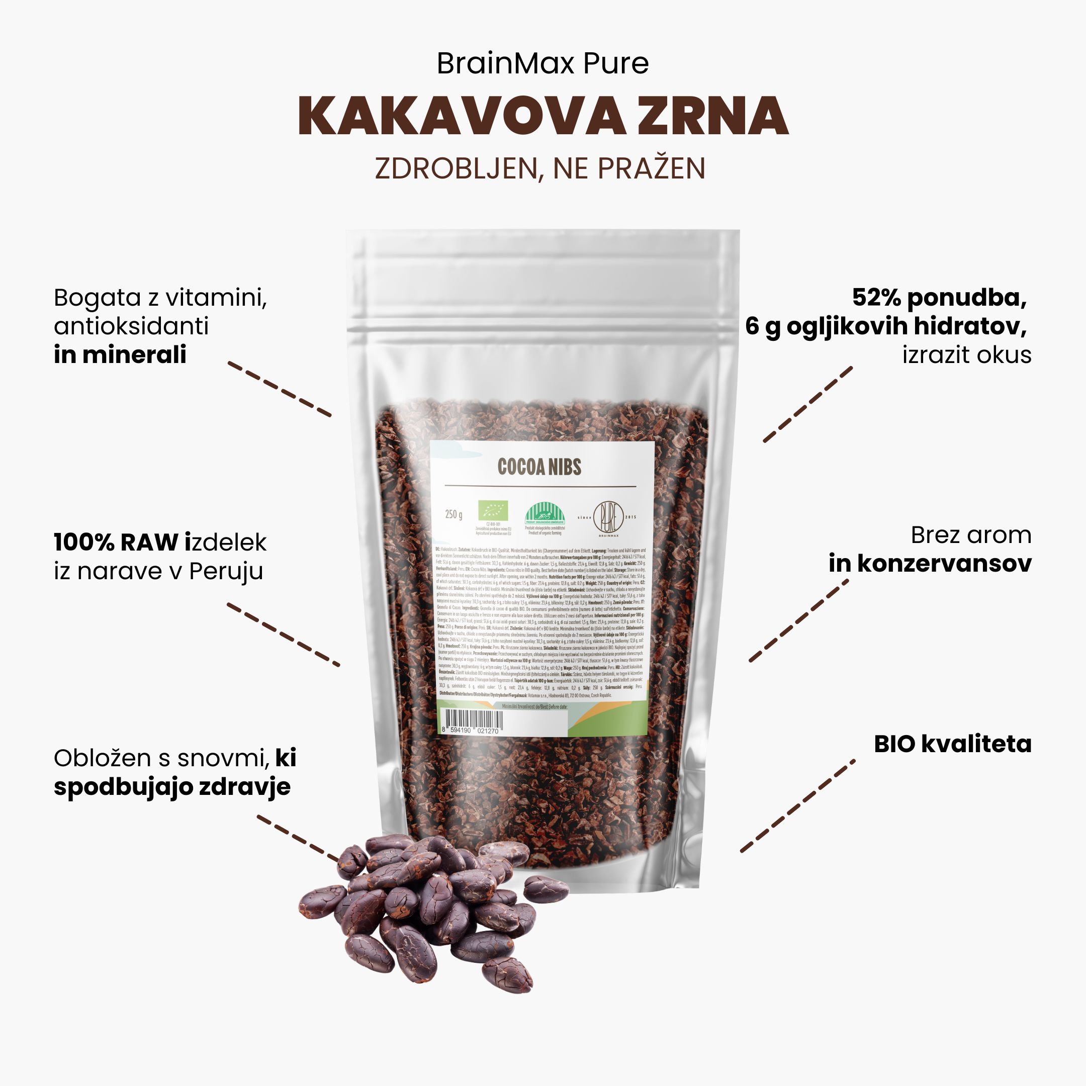 (Slovinština) BrainMax Pure Kakaové Boby drcené, nepražené _1
